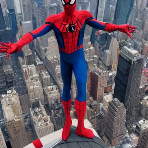 Image similar to marvel spider - man back standing on top of the empire state building