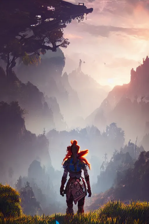 Image similar to combination suit armor aloy horizon forbidden west horizon zero dawn radiating a glowing aura global illumination ray tracing hdr fanart arstation by ian pesty and alena aenami artworks in 4 k tribal robot ninja mask helmet backpack