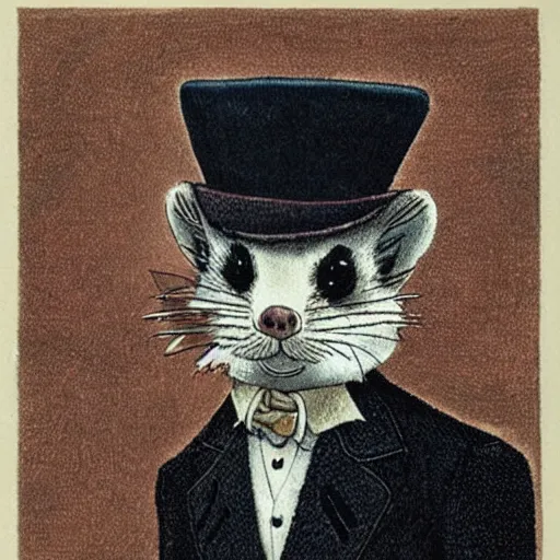 Image similar to a portrait of a jaunty gentleman ferret wearing a monocle by edward gorey