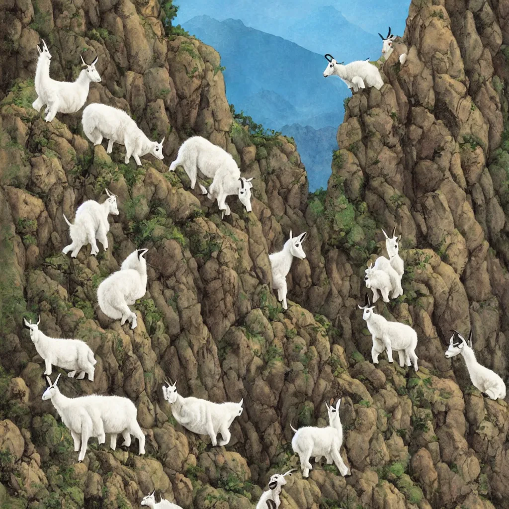 Image similar to mountain goats on a sheer cliffside, dr. suess