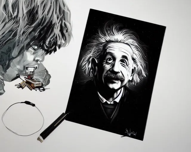 Image similar to albert einstein holding a black hole, psytrance portrait artwork, by sam spratt and ondrash