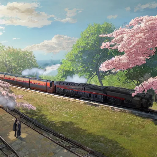 Image similar to concept art painting of a historic transverse view of a steam train, the train carries a cherry tree in flower, realistic, detailed, cel shaded, in the style of makoto shinkai and greg rutkowski and james gurney