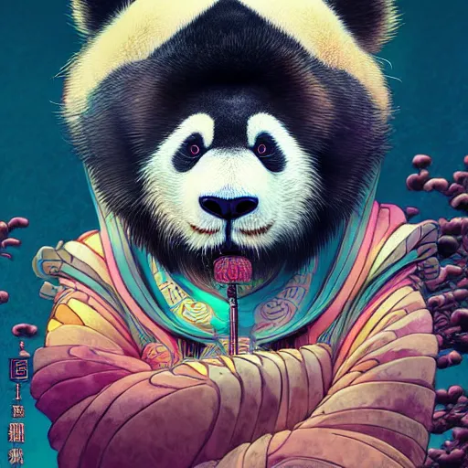 Image similar to a beautiful hyperdetailed character design 4 k wallpaper illustration of a cute panda with a chinese lion dance head victo ngai cyberpunk style, from china, style of studio ghibli, makoto shinkai, raphael lacoste, louis comfort tiffany, artgerm, james jean, ross tran, chinese style