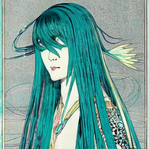 Image similar to hatsune miku, long teal hair, artwork by Harry Clarke, highly detailed