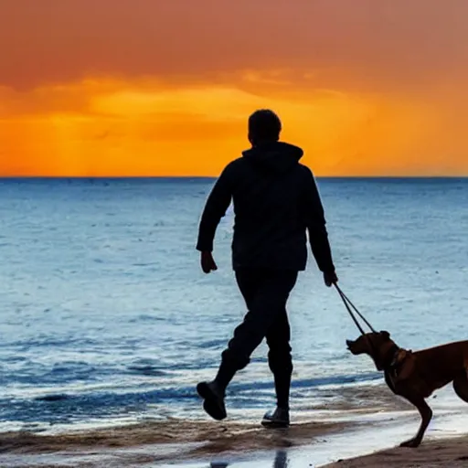 Prompt: World is Ending while man is walking dog on a beach