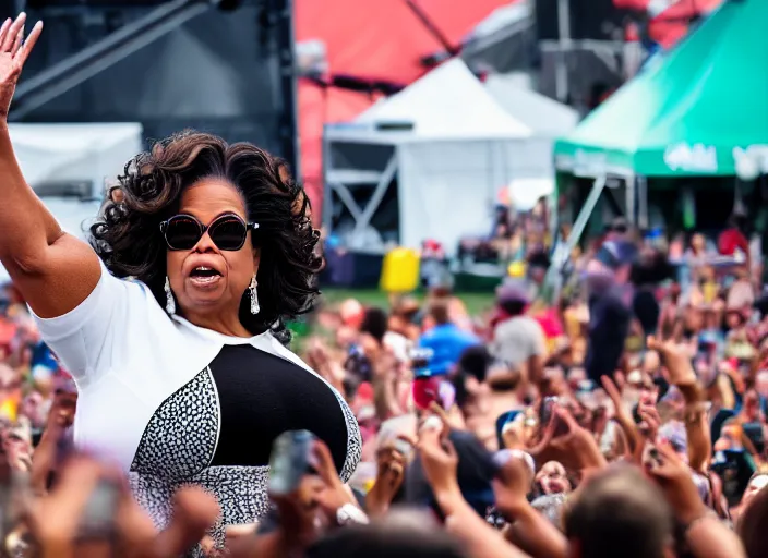 Image similar to photo still of oprah winfrey at the vans warped tour 2 0 1 8!!!!!!!! at age 3 6 years old 3 6 years of age!!!!!!!! tossing bags of money into the crowd, 8 k, 8 5 mm f 1. 8, studio lighting, rim light, right side key light