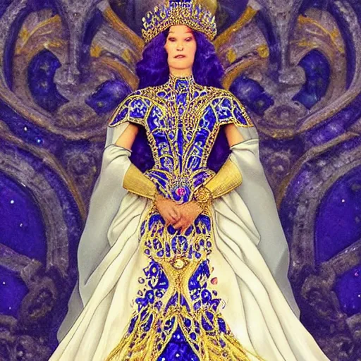 Prompt: a beautiful queen wearing an ornate dress made of sapphire looking epic