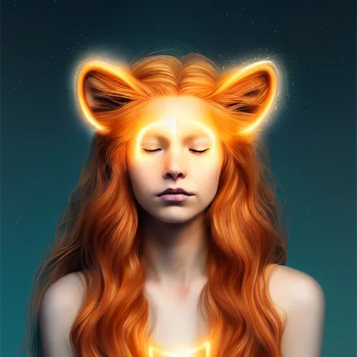 Image similar to Portrait of a girl angel with pale orange colored frizzy strands of illuminated hair, cat ears on her head, glowing halo, Lion's Mane, Lion's Gate, 8/8, fantasy, intricate, elegant, highly detailed, digital painting, artstation, concept art, smooth, sharp focus, illustration, art by Krenz Cushart and Artem Demura and alphonse mucha