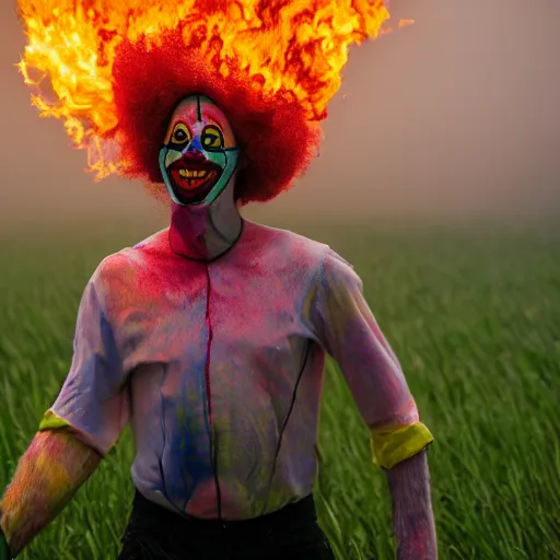 Image similar to man wearing clown makeup dancing in field on fire, cinematic lighting, 8 k