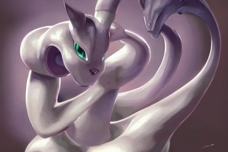 Prompt: mewtwo full body, realistic painting, symmetrical, highly detailed, digital painting, artstation, concept art, smooth, sharp focus, illustration, cinematic lighting, art by artgerm and greg rutkowski and alphonse mucha