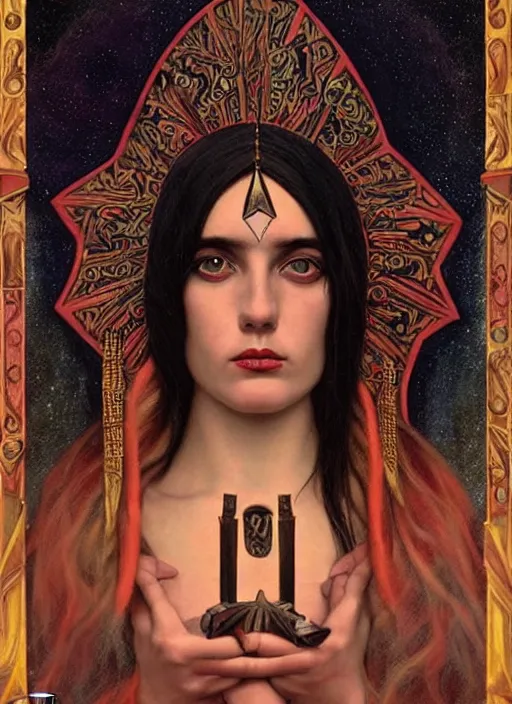 Image similar to acid tripping cult magic psychic woman, third eye, occult ritual, dark witch headdress, oil painting, robe, symmetrical face, greek dark myth, by John William Godward and Anna Dittman, masterpiece