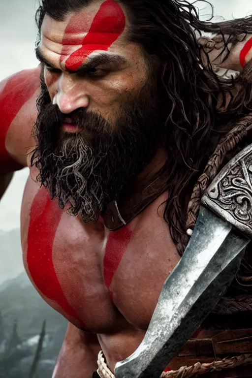Prompt: film still from god of war, a highly detailed beautiful closeup photo of jason momoa kratos with long windblown wet hair holding a sword and fighting zombies on a pile of human skulls, spartan warrior, olympian god, muscular!,, action pose, ambient lighting, volumetric lighting, octane, fantasy