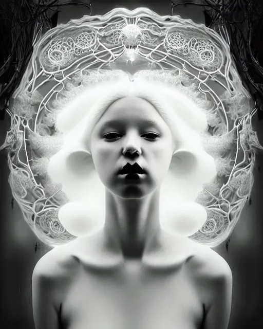 Prompt: dreamy foggy soft luminous bw art photo, beautiful young spiritual albino biomechanical female cyborg, mandelbrot fractal porcelain profile face, very long neck, halo, white smoke atmosphere, rim light, big leaves and stems, fine foliage lace, alexander mcqueen, art nouveau fashion pearl embroidered collar, steampunk, elegant