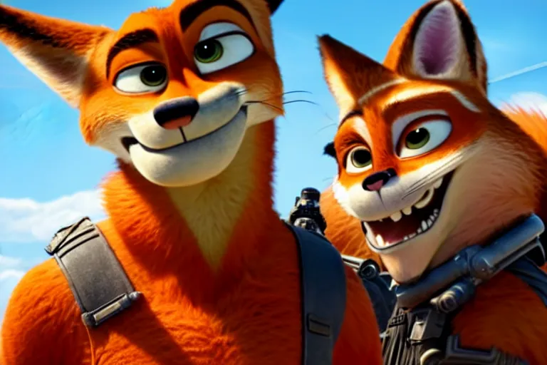 Image similar to nick wilde ( from zootopia ), heavily armed and armored facing down armageddon in a dark and gritty reboot from the makers of mad max : fury road