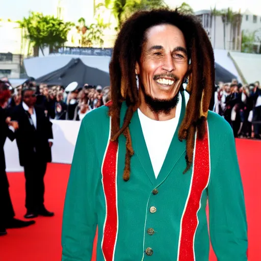 Image similar to bob Marley wearing Gucci outfit and walking on Canne festival red carpet