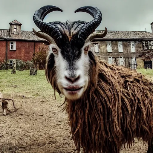 Prompt: horror, cinematic, still from film, daytime, muddy village square, wide shot, mutant goat monster with a mouth crammed full of sharp teeth, filthy matted fur and mountain goat horns, village square