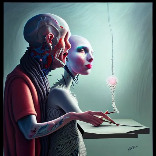 Prompt: stunning painting of two persons communicate innerly by rik oostenbroek, concept art, masterpiece, character art, surrealism, ulta detailed, sharp focus, cinematic rendered, soft lighting, 8 k hd resolution