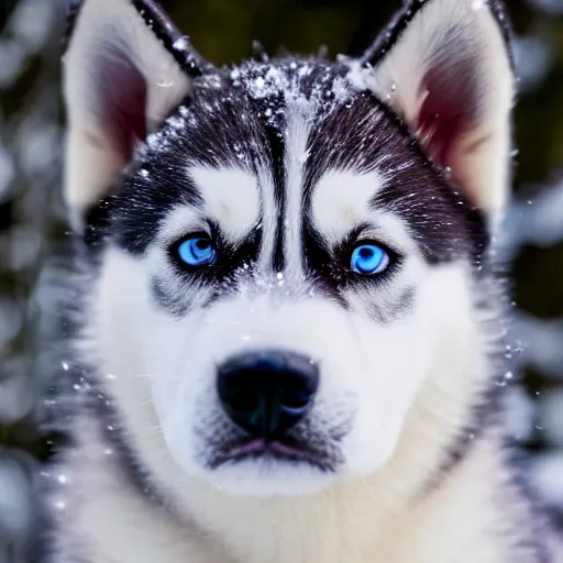 Image similar to A husky puppy with two different colored eyes, snowy environment, detailed close-up, 4k photo