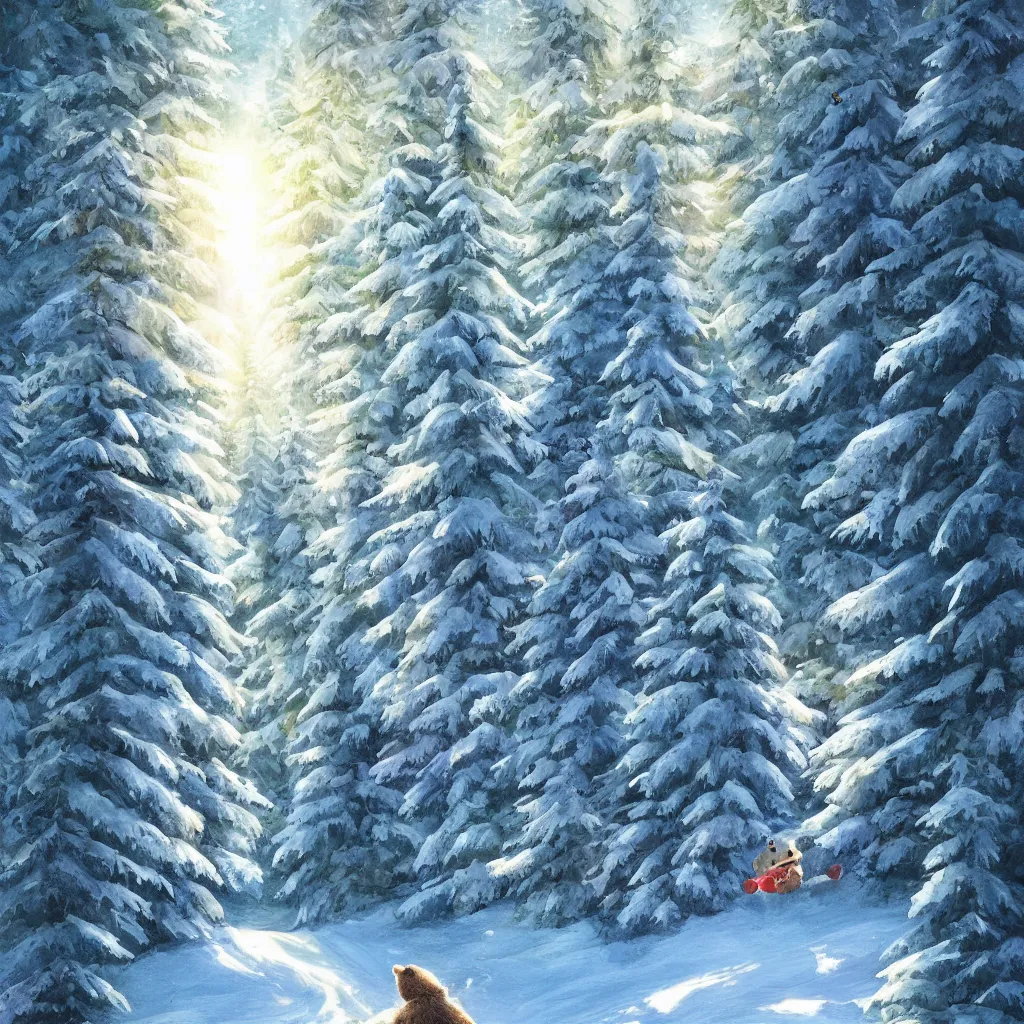 Prompt: a bear skiing down hill through a forest. the bear is a cute humanoid fluffy cub, light rays are shining through the trees above, beautiful light. trending on artstation 4 k award in winning artwork. vivid colors. detailed painting. kids book illustration.