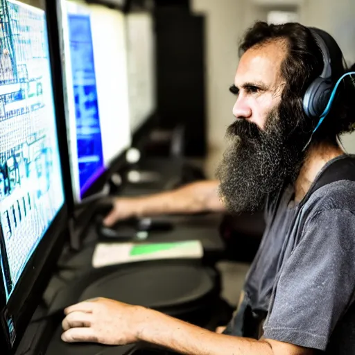 Prompt: Homeless man playing video games in an asylum, looking at a colorful computer monitor, wearing black headphones, long black hair, long black beard