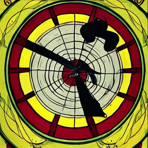 Image similar to a Wiccan ritual spell with a bumblebee placed in the middle of a bloody bullseye, art nouveau