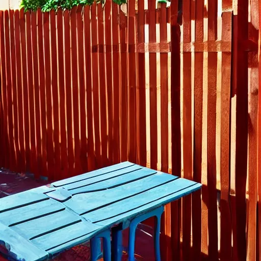 Image similar to fenced in garden, orange brick fence, wood fired bbq and wooden table covered by trellis with vines, bright sunny day, blue skies, no clouds, artistic rendering 8k