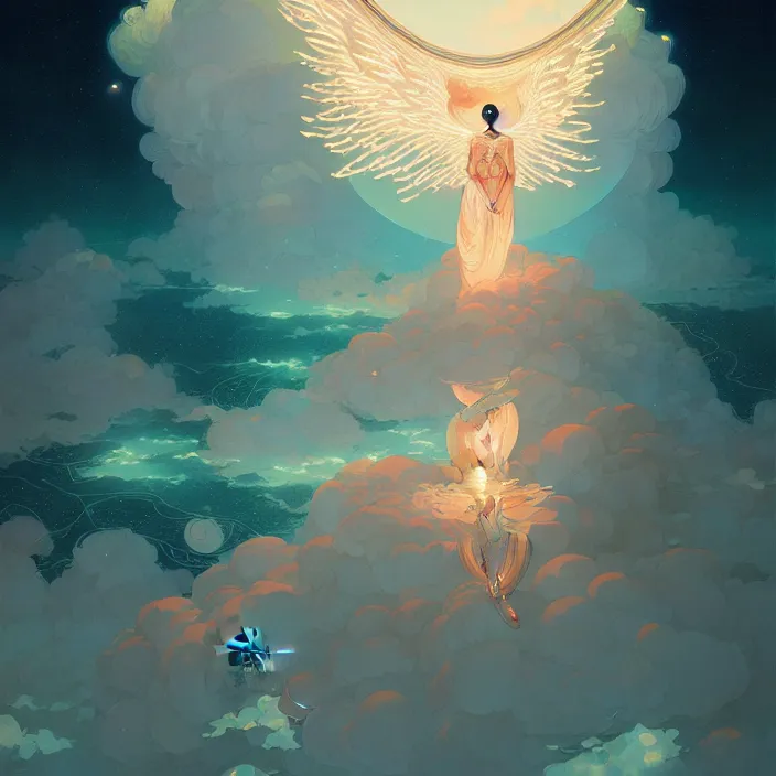 Prompt: an angel of the dawn light, in the heavens by victo ngai, peter mohrbacher digital art