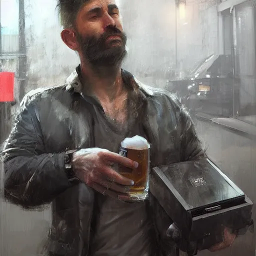 Image similar to a realistic hyperdetailed digital oil full body portrait painting of a man with a playstation 5 outside at a restaurant, beer in hand, in the style of guy denning, ruan jia, and craig mullins. trending on artstation and deviantart. cgsociety digital art.