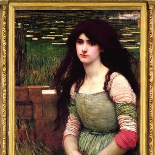 Prompt: lady of shallot by john william waterhouse, rosetti, monet, william holman hunt, 8 k