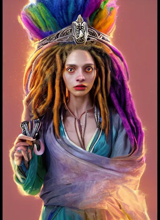 Image similar to an anthropomorphic beautiful goddess female wizard portrait holding weapon wearing colourful robe, dreadlock breed hair, fine art, award winning, intricate, elegant, sharp focus, octane render, hyperrealistic, cinematic lighting, highly detailed, digital painting, 8 k concept art, art by jamie hewlett masterpiece, trending on artstation, 8 k