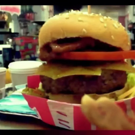 Image similar to grainy screenshot from a video of a demon eating a burger