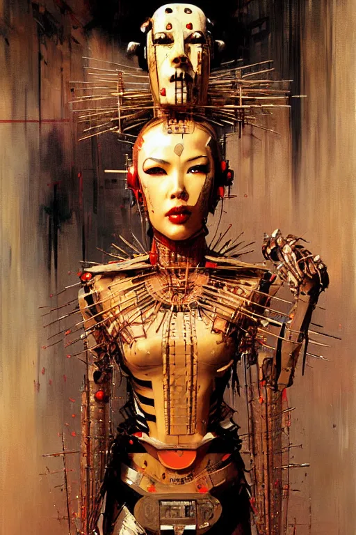 Prompt: geisha cyborg hellraiser painting by gaston bussiere, craig mullins, greg rutkowski, yoji shinkawa