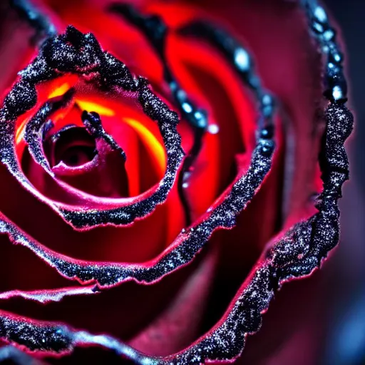 Image similar to award - winning macro of a beautiful black rose made of glowing molten magma