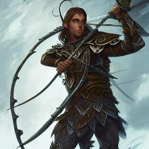Prompt: a male elven archer wearing armor made of leaves, epic fantasy digital art style, fantasy artwork, by Greg Rutkowski, fantasy hearthstone card art style