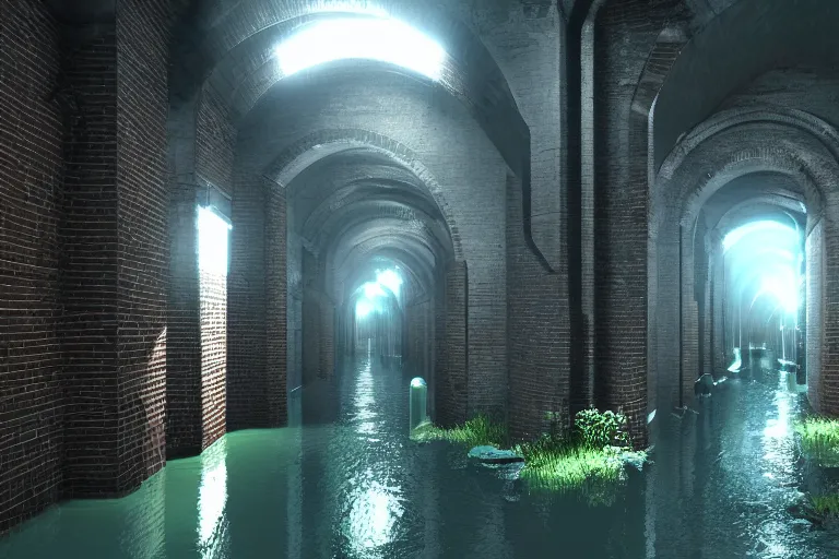 Prompt: underground water tunnels, sewer system, railings run along the canal, brick walls, big brick arches, brass pipes on the walls, a slight green glow emanates from the water, warm lighting, soft shadows, stylized PBR materials, Artstation