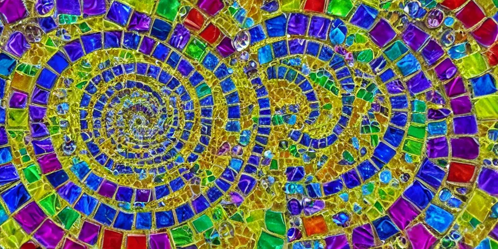 Prompt: beautiful colorful spiral-formed mosaic made out of diamonds, illuminated transparency, very detailed, beautiful colors, symmetrical arrangement, various surfaces, natural flow, complex patterns, ultrarealistic, unreal engine
