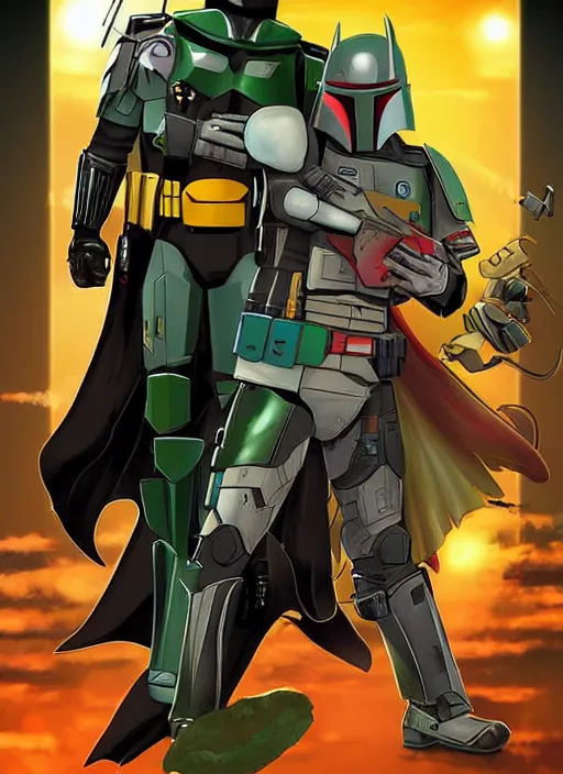 Image similar to batman x boba fett, digital art, character mashup, epic lighting, combination art