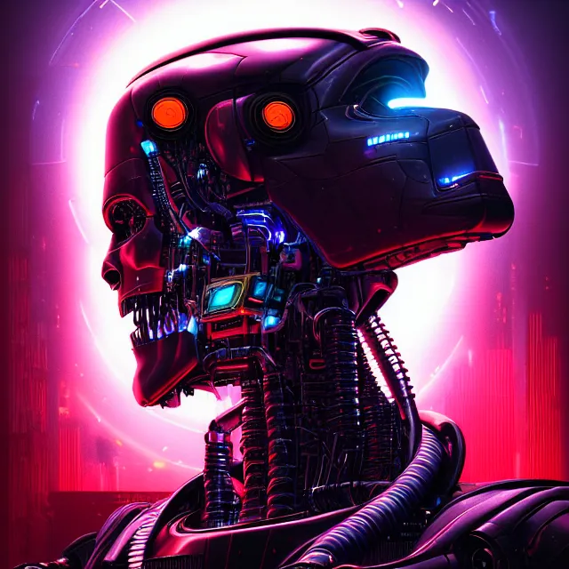 Prompt: Beautiful portrait 3d render of the cyberpunk terminator illuminati robot, centered face, portrait, atmospheric lighting, painted, intricate, volumetric lighting, beautiful, rich deep colours masterpiece, sharp focus, ultra detailed, in the style of Dan Mumford and marc simonetti, with a crowded futuristic cyberpunk city in the background, astrophotgraphy