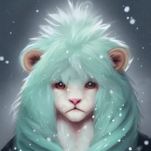 Prompt: aesthetic portrait commission of a albino male furry anthro lion wearing a cute mint colored cozy soft pastel winter outfit, winter Atmosphere. Character design by charlie bowater, ross tran, artgerm, and makoto shinkai, detailed, inked, western comic book art, 2021 award winning painting