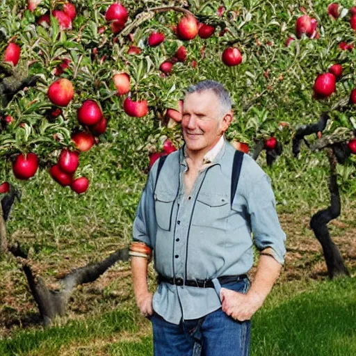 Image similar to portrait of a middle aged man, pointed ears, standing in an apple orchard, dressed well, very handsome