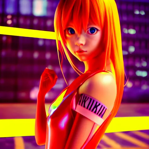 Image similar to asuka langley in a neon city, octane render 8 k, photorealistic render, atmospheric render, beautiful face, cute, realistic skin, redshift render, realistic reflections