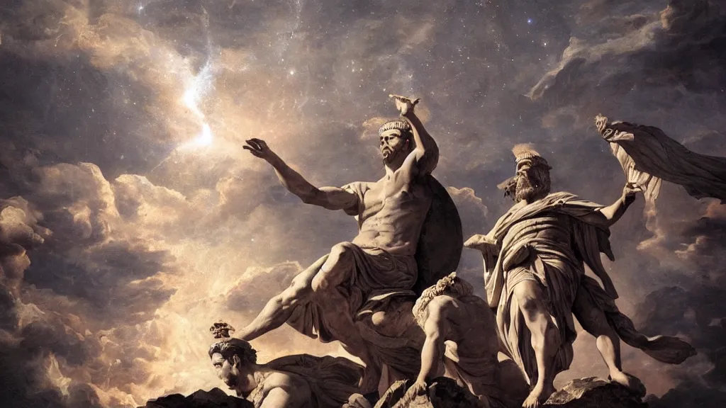 Image similar to a roman emperor using magic to open a void in the sky of roma leading to the universe, insanely detailed painting, chiaroscuro composition, artstation,