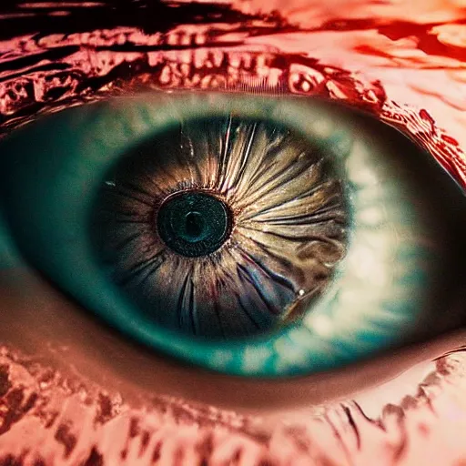 Image similar to eyeball that has the iris of a swimming pool, award winning photo, 3d art, moody lighting,