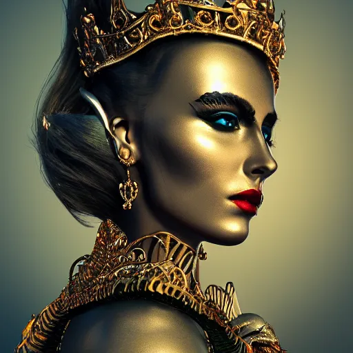 Image similar to queen of metal profile, 4 k, ornate and intricate, jaw dropping, surreal, octane render