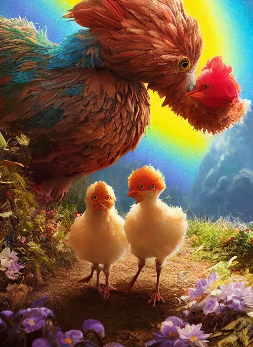 Image similar to a hen and her two chicks walking over a rainbow movie by nuri iyem, james gurney, james jean, greg rutkowski, anato finnstark. pixar. hyper detailed, 5 0 mm, award winning photography, perfect faces