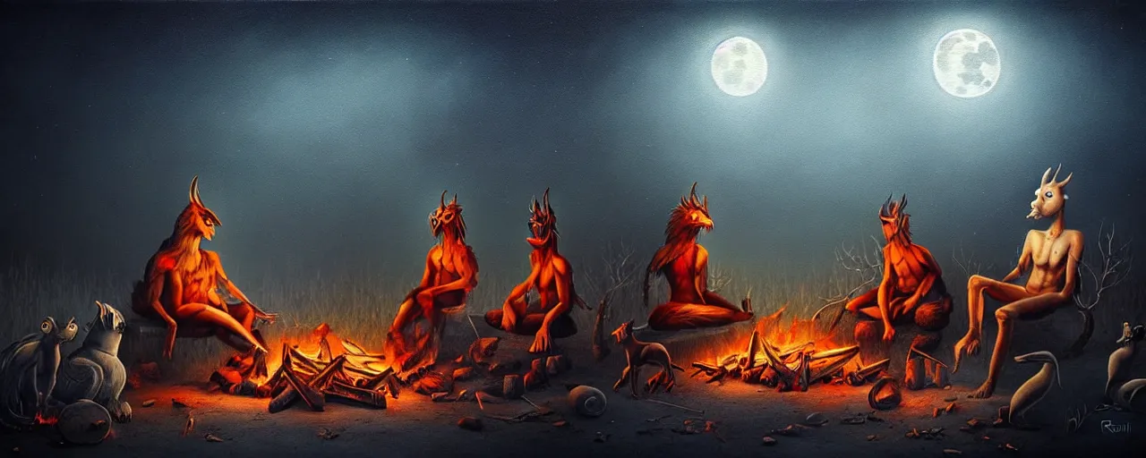 Image similar to strange mythical beasts of sitting around a fire under a full moon, surreal dark uncanny painting by ronny khalil