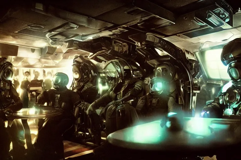 Image similar to sci-fi cinematography of cybernetic space soldiers sitting in an alien bar. By Emmanuel Lubezki