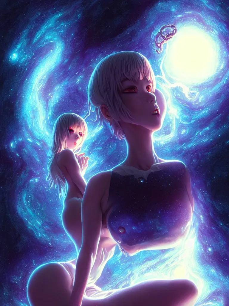 Image similar to azathoth girl talking to you, dress made out milky way, full body, occlusion shadow, specular reflection, rim light, unreal engine, artgerm, artstation, art by hiroaki samura and ilya kuvshinov and ossdraws, intricate, highly detailed 8 k, cosmic horror illustration, extremely beautiful shape of face and body