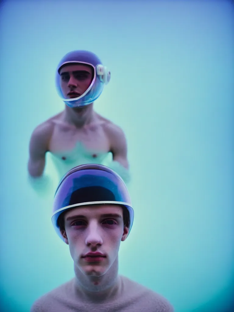 Image similar to high quality pastel coloured film portrait photograph of a beautiful young 2 0 year old male, soft facial features, short hair, perspex space helmet and oversized inflated clothing!! icelandic black rock pool environment. atmospheric three point light. photographic. art directed. ( pastel colours ). volumetric. clearcoat. waves. 8 k. filmic.