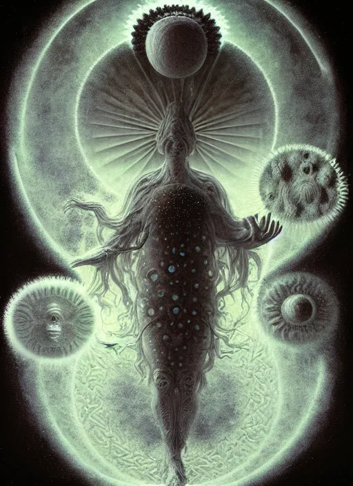 Image similar to antediluvian occult cosmology, panspermia, by daniel arsham and robert hooke and ernst haeckel and agostino arrivabene and joaquin sorolla and paolo gioli, rule of thirds, vivid colours, negative space, atmospheric, digital painting, artstation, concept art, smooth, sharp focus